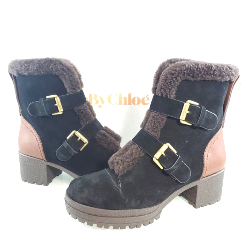 See By Chloé Navy Blue and Brown Suede Shearling Buckle Ankle Boots